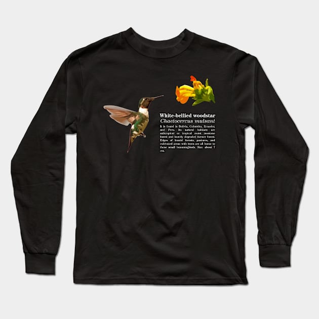 White-bellied woodstar hummingbird white text Long Sleeve T-Shirt by Ornamentum